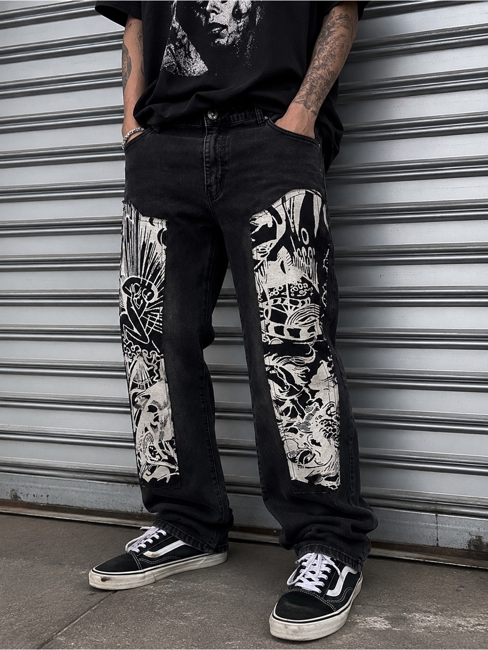 Rebel Men’s 36 Black Graphic Panel Jeans Skull Y2K Alternative Streetwear